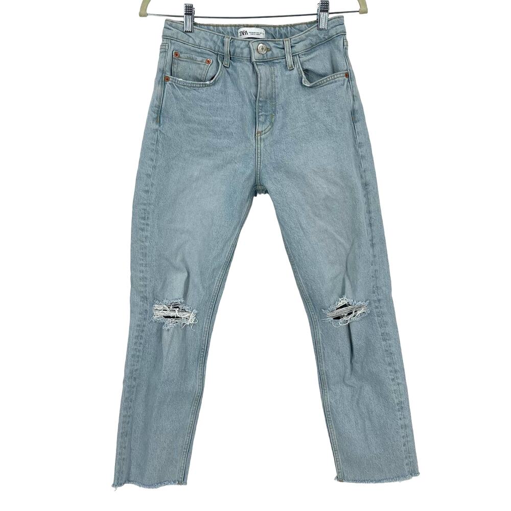Zara High Rise Skinny Jeans Crop Distressed‎ Light Blue Women's Size 6